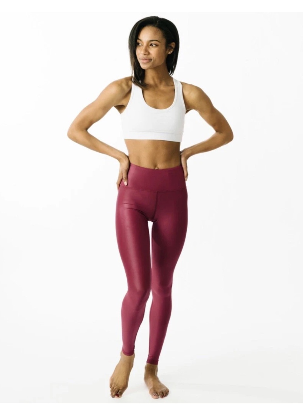 Zyia Cranberry Red High Waist Shiny Metallic Athletic Cropped Leggings 6/8 NWOT